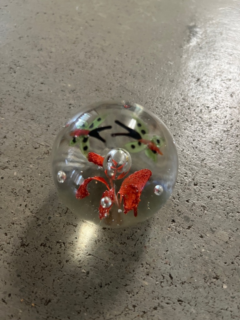 Clear Glass Paperweight with Red Floral & Butterflies